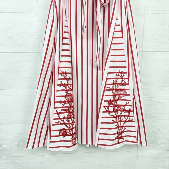 Chico's Embroidered Godet Stripe Maxi Dress Large 12 Red Coastal Vacation Resort - Picture 5 of 16